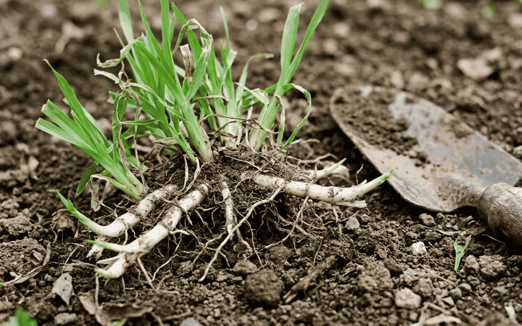 Kentucky bluegrass rhizomes sprouting new shoots in bare soil after sod removal
