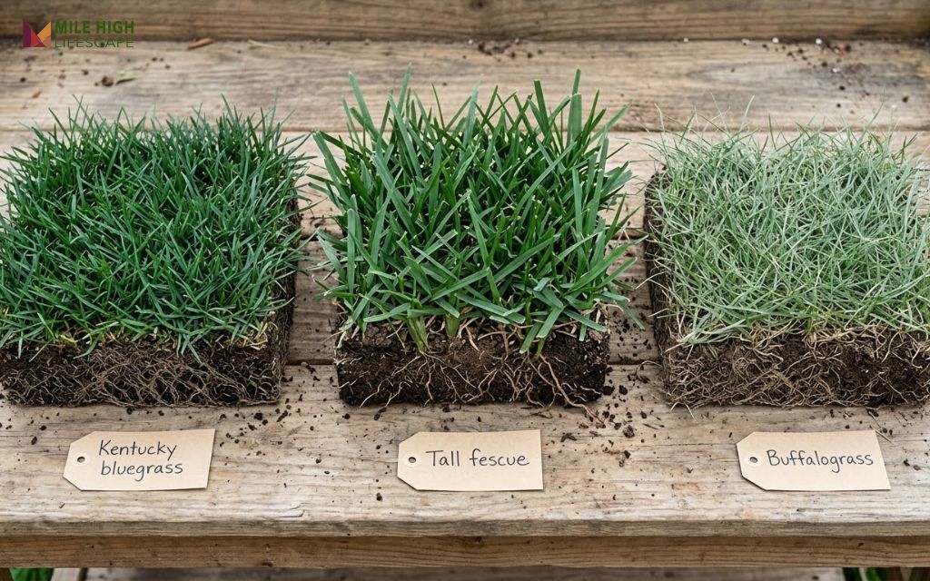 Side-by-side sod samples of Kentucky bluegrass, tall fescue, and buffalograss showing blade width and root mat