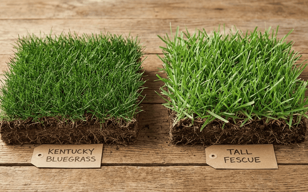 Side-by-side sod samples of Kentucky bluegrass and tall fescue showing blade width and roots
