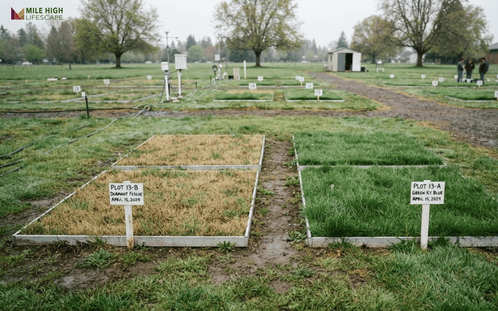 Two test plots of Latitude 36 and NorthBridge bermuda in early spring, one plot greener than the other