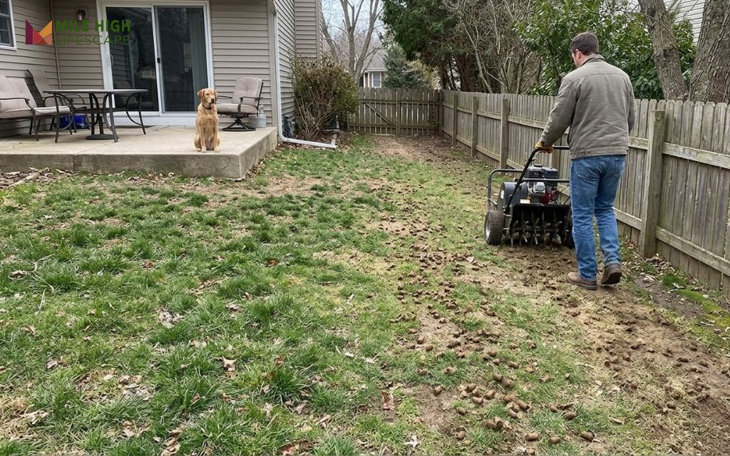 Core aeration along a worn dog path next to a backyard fence
