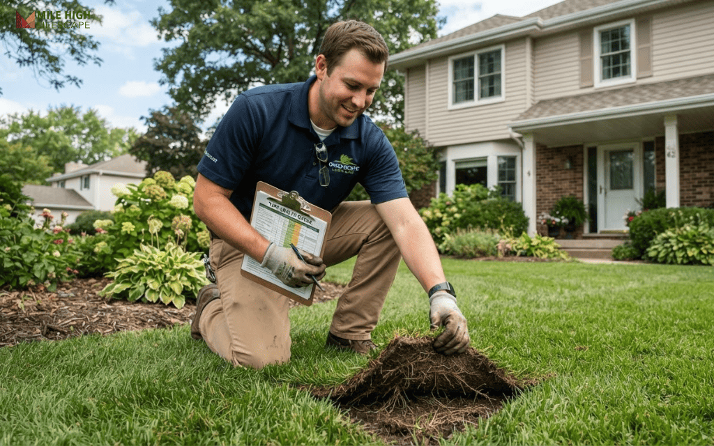 Lawn care professional inspecting a patchy lawn with bermuda grass invasion in a Denver front yard