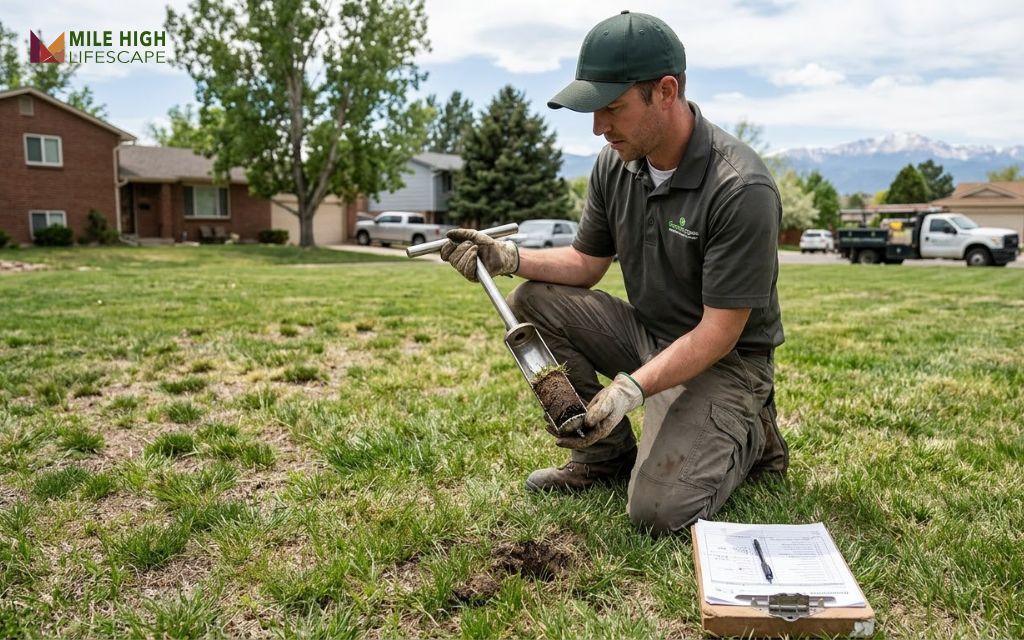 Lawn care technician pulling a soil core to check root depth on a Denver lawn