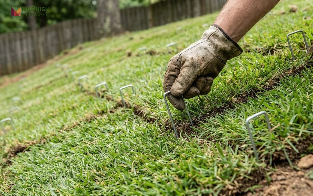 Sod pieces laid horizontally across a backyard slope and secured with metal sod staples