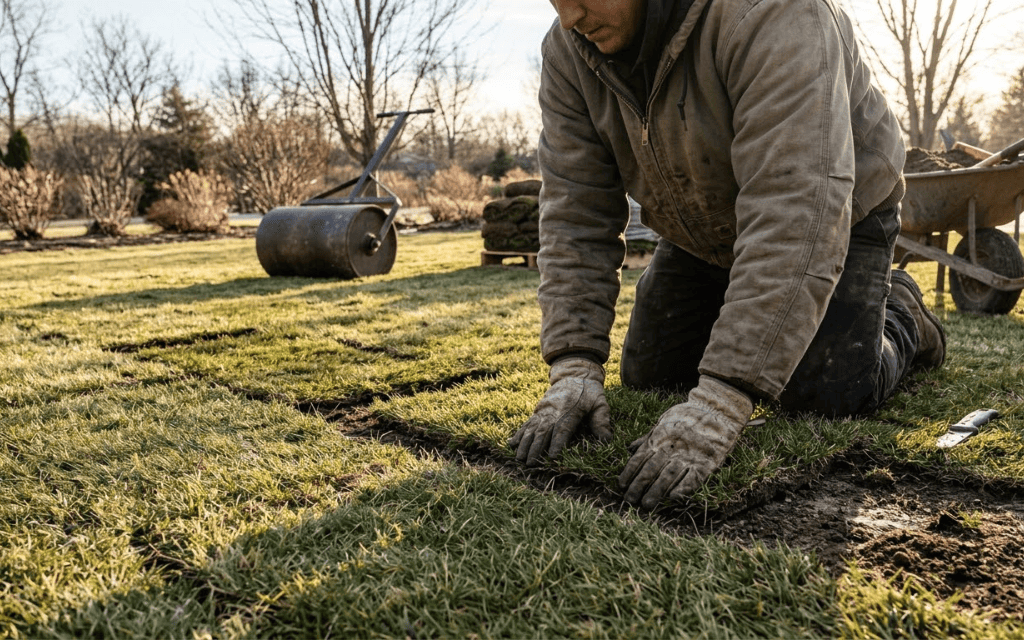 Landscaper laying a strip of sod in a staggered brick pattern on prepared soil during a cool, sunny Denver morning