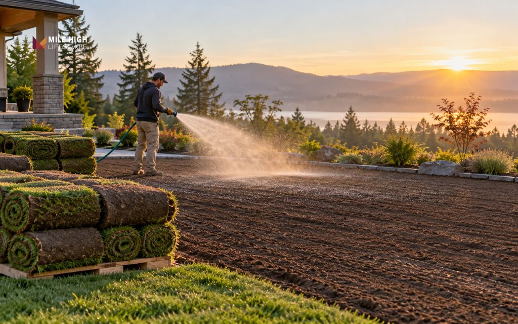 Prep for sod installation includes moistening dry soil before turf arrives