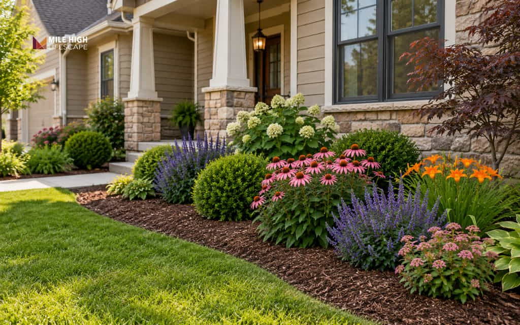 Dark brown mulch bed with purple catmint, pink coneflowers, orange daylilies, and white hydrangeas by a stone porch