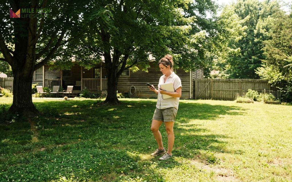 Homeowner tracking hours of direct sun across a sunny and shaded Tennessee backyard