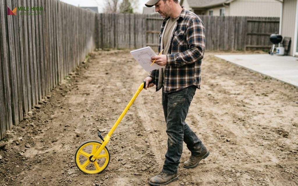 Homeowner measuring a backyard with a measuring wheel to calculate square footage for a sod order