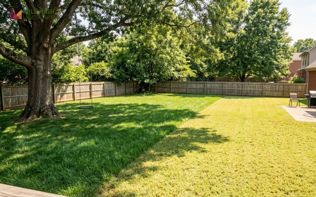 Middle Tennessee backyard with tall fescue in oak shade and bermudagrass in full sun
