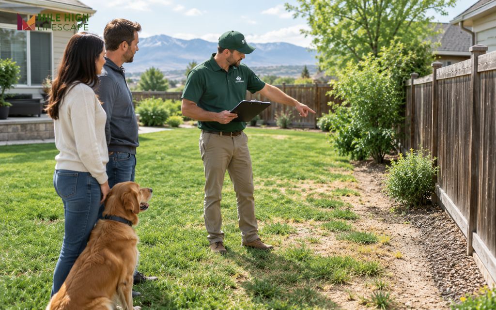 Lawn care specialist planning a dog-friendly lawn with a Denver homeowner
