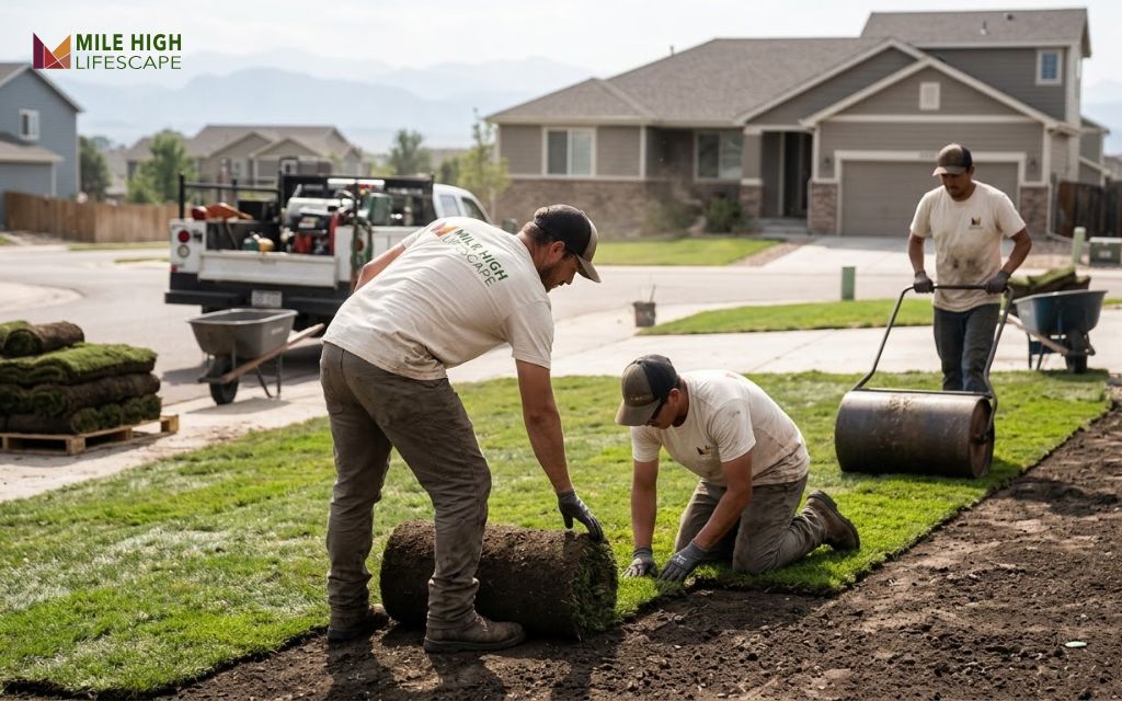 Mile High Lifescape crew installing sod on a graded front yard in Denver