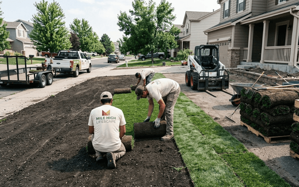 Mile High Lifescape crew installing Kentucky bluegrass sod on a prepared residential lawn in the Denver Metro area