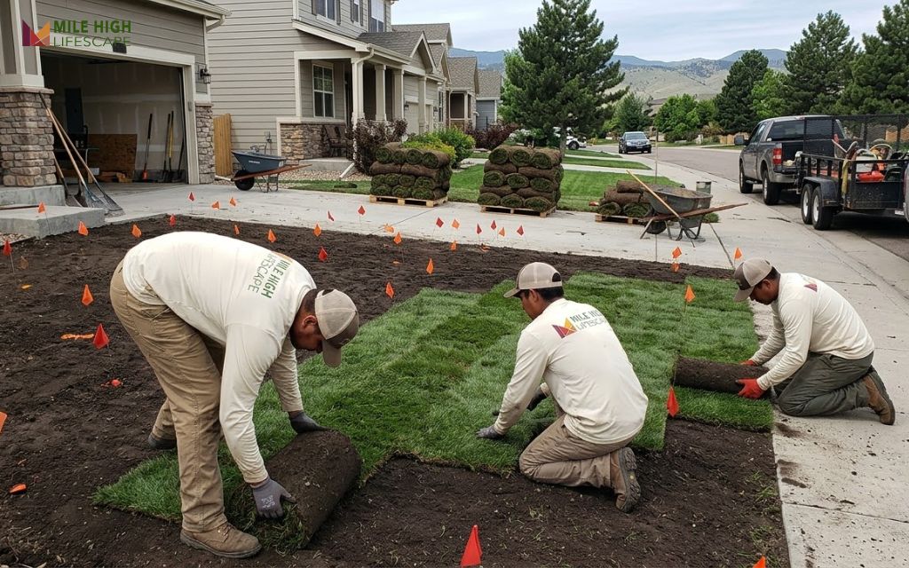 Mile High Lifescape crew installing new Kentucky bluegrass sod at a Denver Metro home