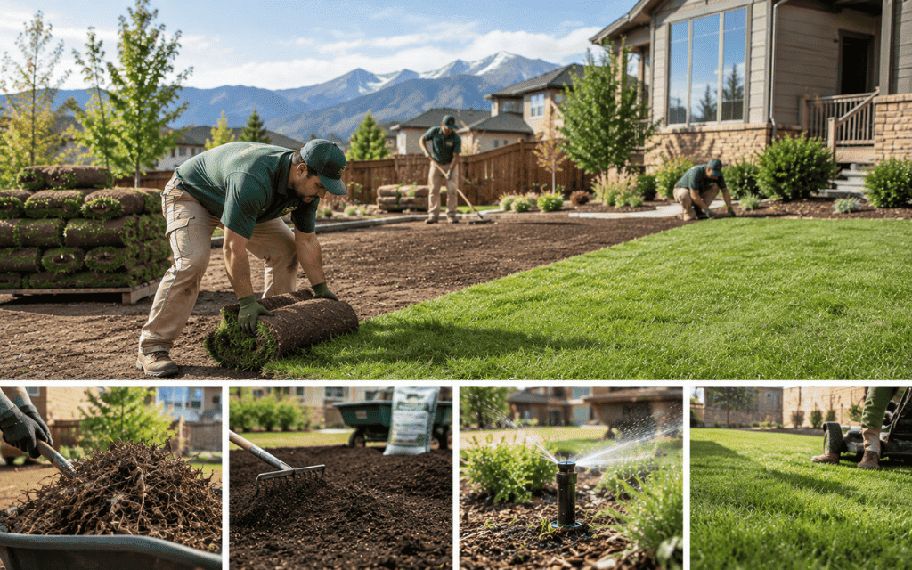 Mile High Lifescape crew finishing a sod installation in a Denver Metro front yard