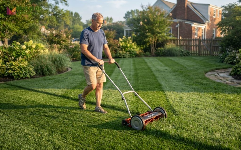 Homeowner mowing a zoysia lawn with a reel mower at low height