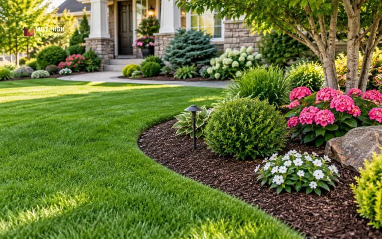 Mulching and edging in a front yard bed with dark mulch, a curved lawn edge, shrubs, and pink flowers