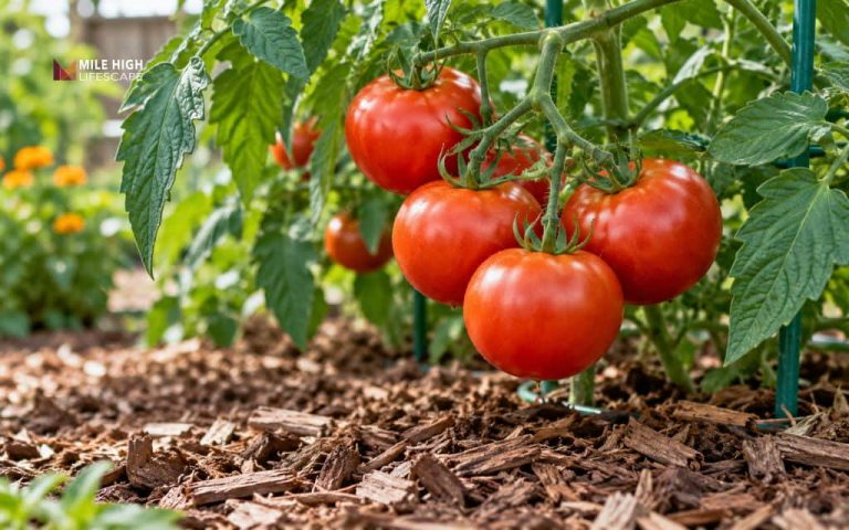 Mulching tomato plants keeps ripening fruit clean and off bare soil.