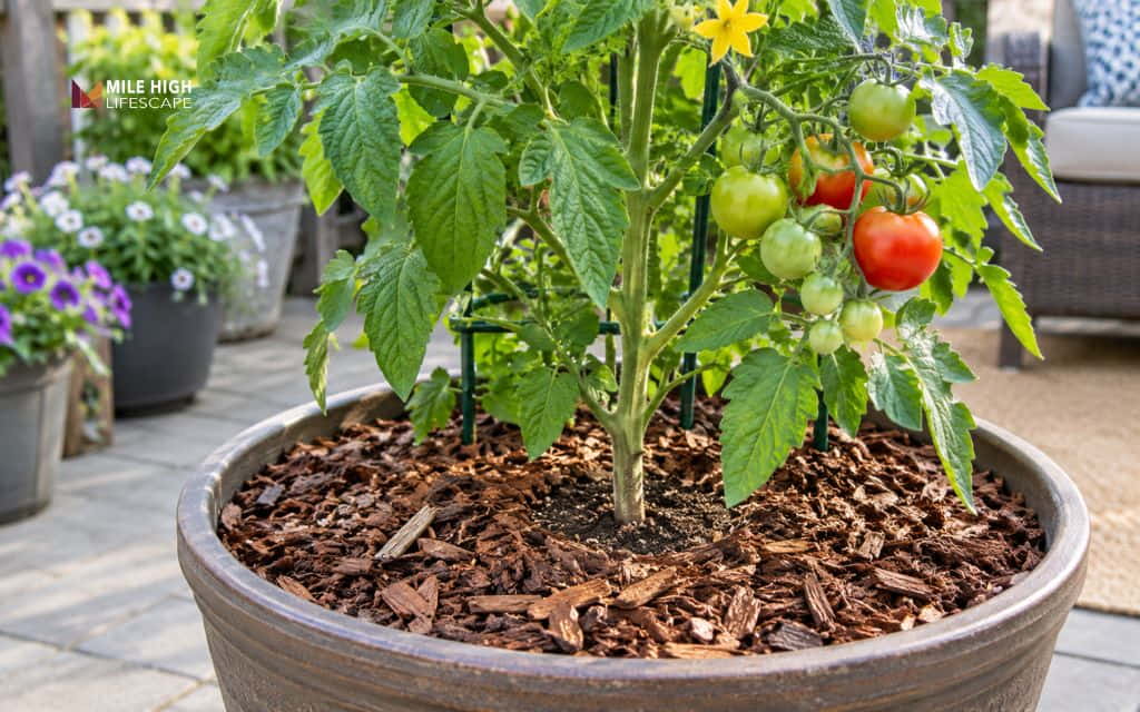 Tomato plant with green and red fruit in a large pot topped with bark mulch on a patio