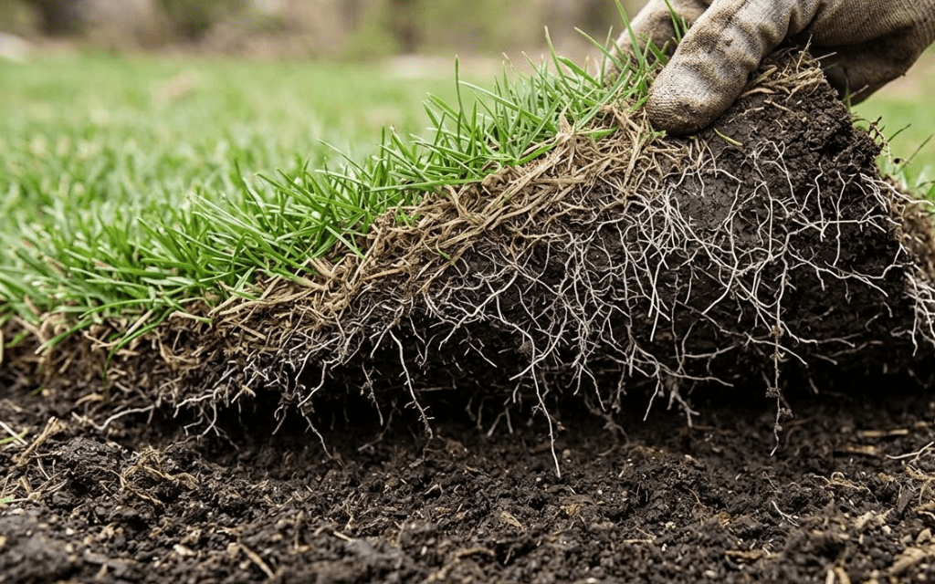 Cross-section of a sod piece showing short white roots reaching into dark amended soil below