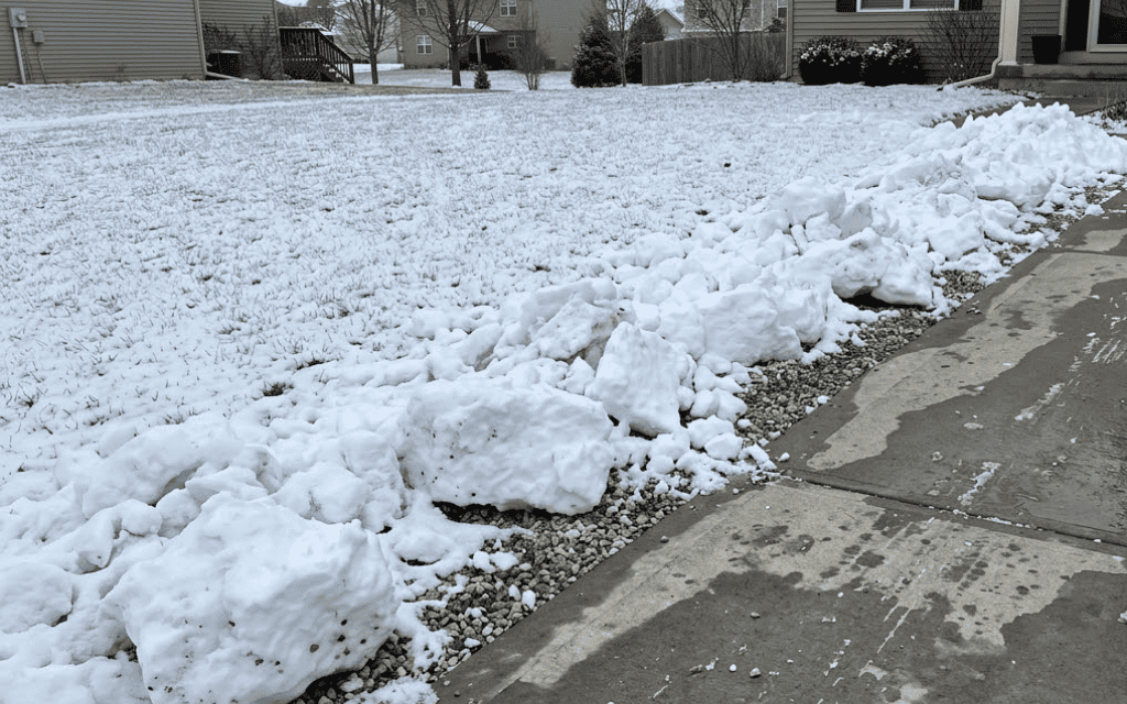Driveway edge beside a new sod lawn showing shoveled snow placed on gravel instead of on the turf