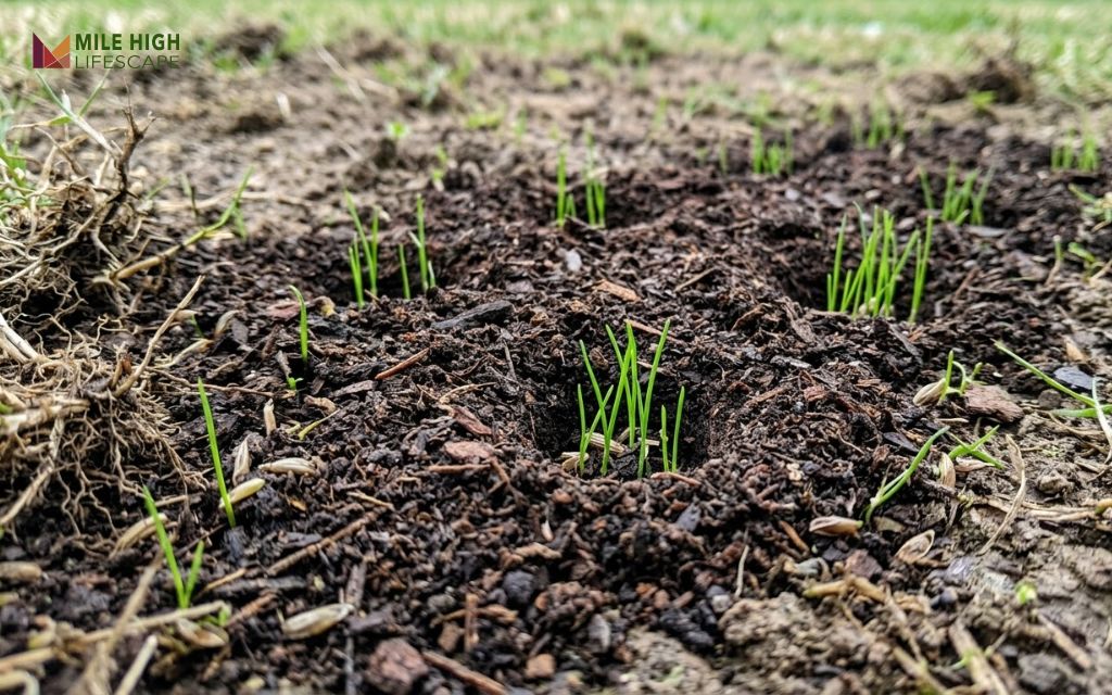 Tall fescue seedlings emerging through aeration holes after bermuda grass removal