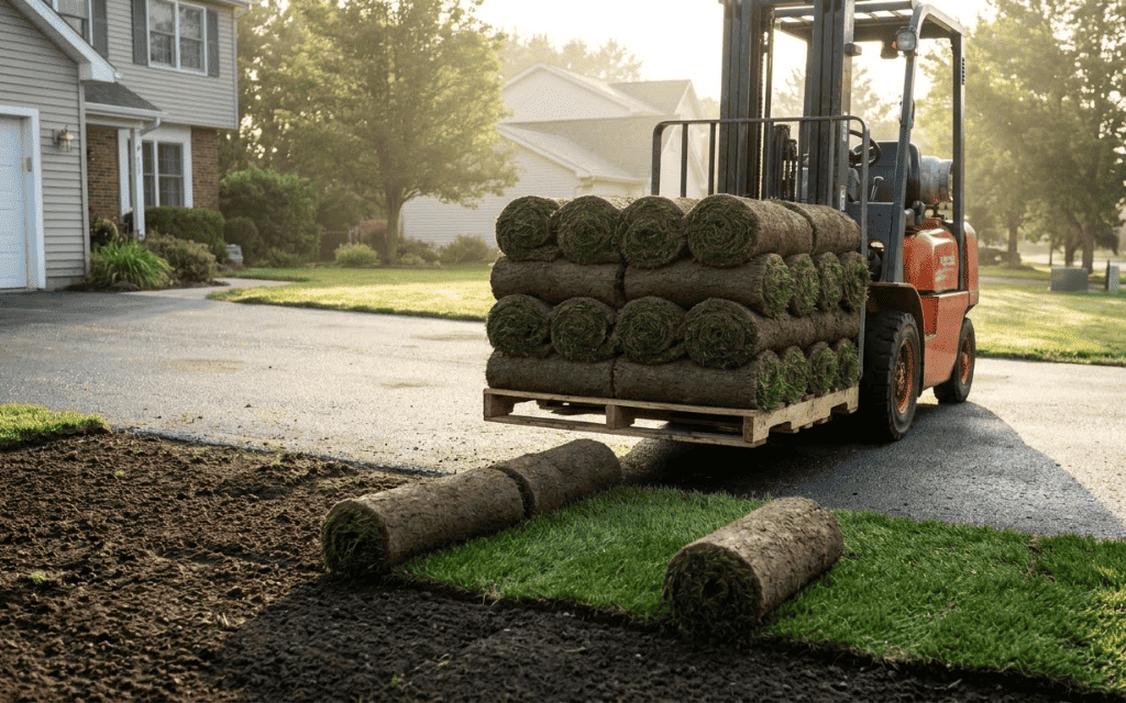 Pallet of 2 by 5 foot Kentucky bluegrass sod rolls delivered to a Denver driveway