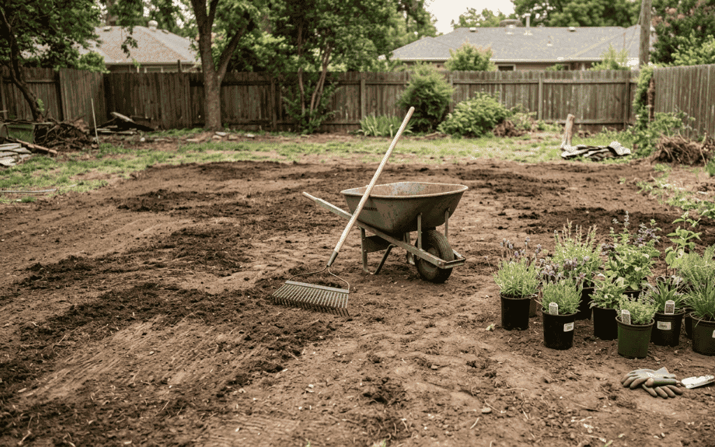 Freshly graded soil amended with compost, ready for new sod or xeriscape plants