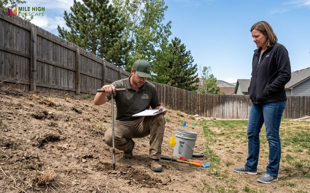 Landscaping professional assessing slope and soil in a Denver backyard before a sod installation