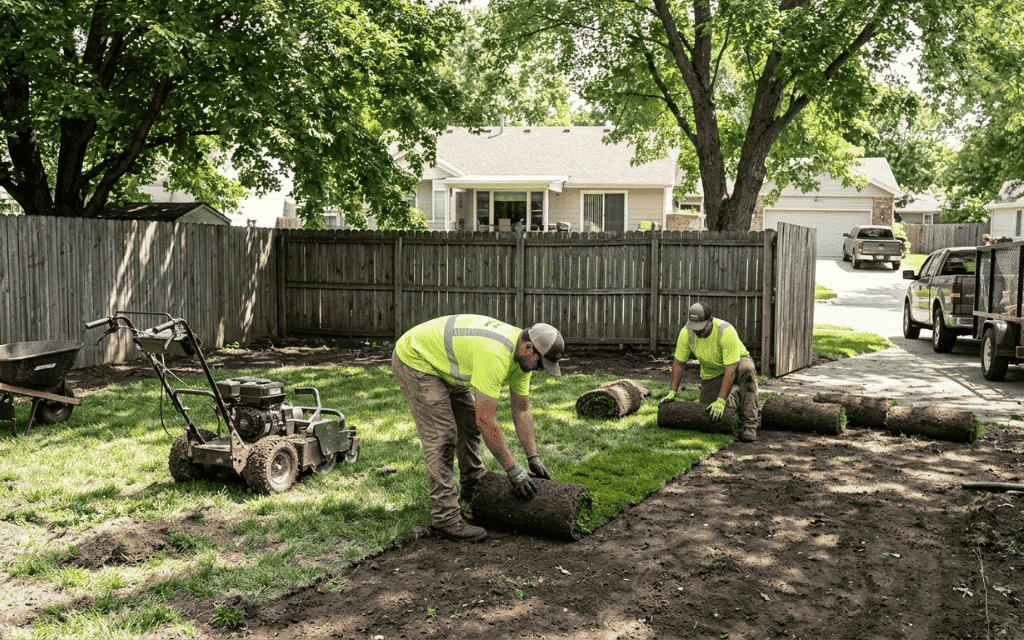 Landscaping crew removing sod and preparing soil in a Denver backyard