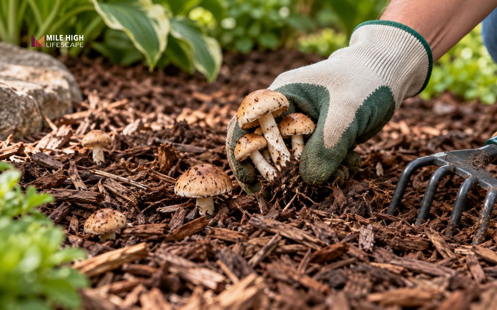 Hand-picking or raking helps reduce visible mushrooms across affected mulch beds