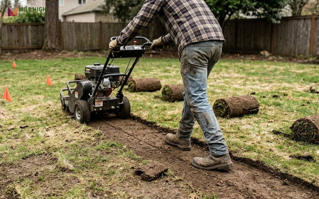 Homeowner operating a rented sod cutter to strip old grass in long strips before laying new sod