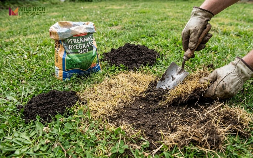 Repairing a dog urine spot in a bluegrass lawn with perennial ryegrass seed