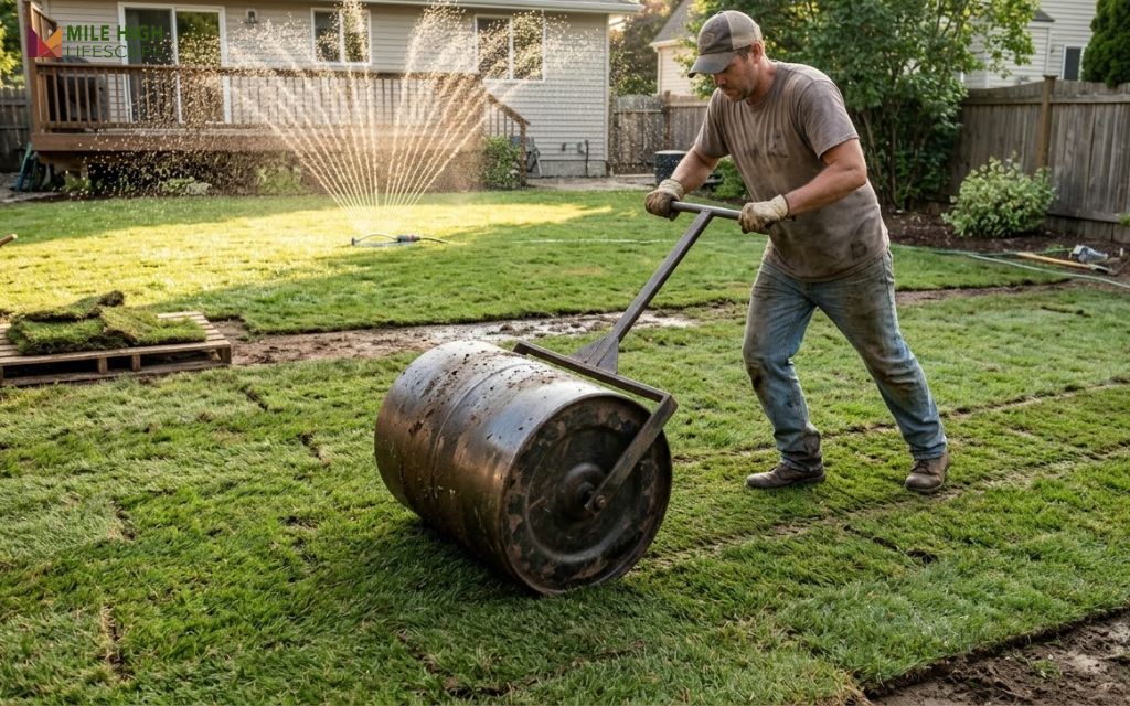 Homeowner pushing a water-filled lawn roller across freshly laid sod to press roots into the soil
