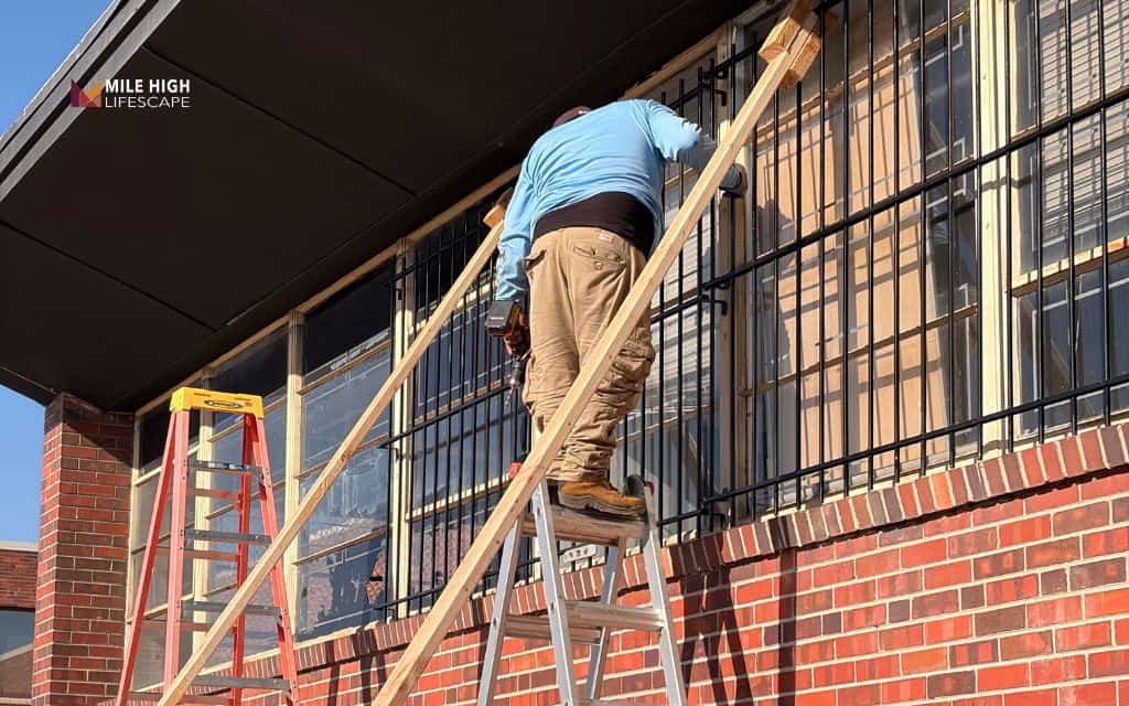 Installer on a ladder fitting a security bar rail beneath the roof overhang of a brick commercial building