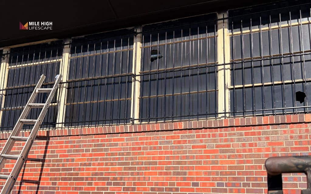 Black steel security bars for windows installation finished on a brick commercial building