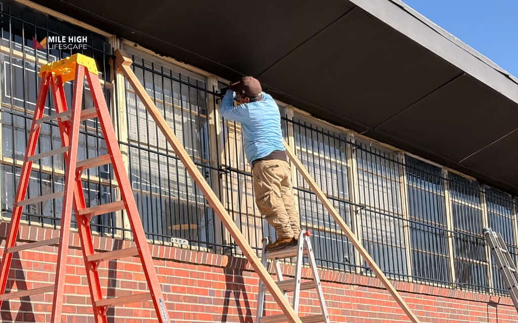 Installer on a ladder fitting a security bar rail beneath the roof overhang of a brick commercial building