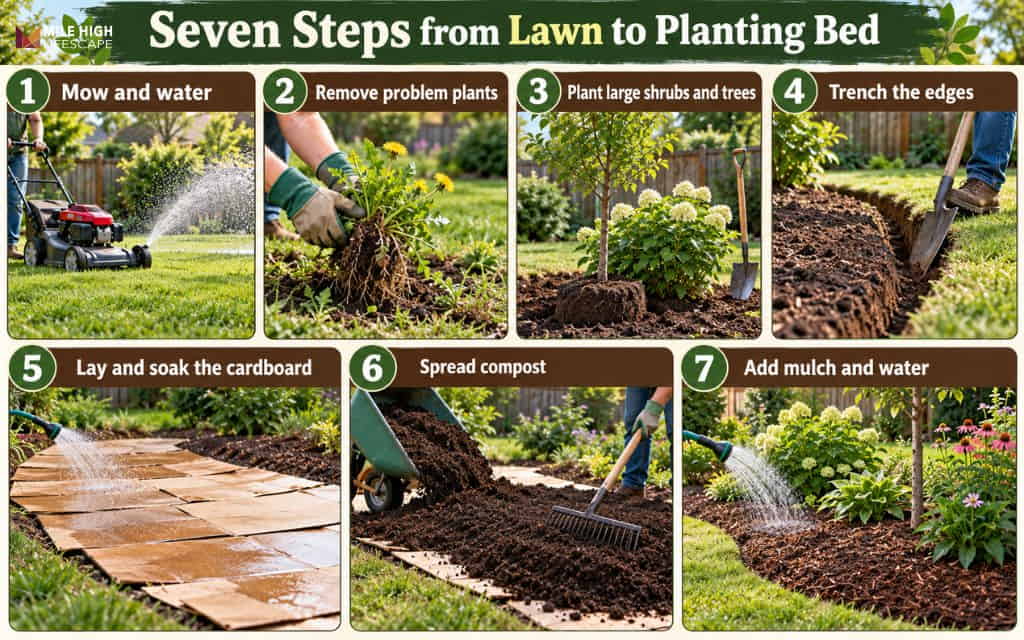 Seven steps to sheet mulch a lawn: mow, remove weeds, plant shrubs, trench edges, lay cardboard, spread compost, add mulch
