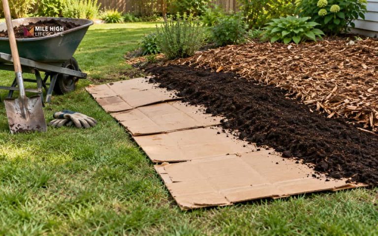 Sheet mulch layers on a lawn: cardboard sheets, a strip of compost, and wood chip mulch beside a wheelbarrow and shovel