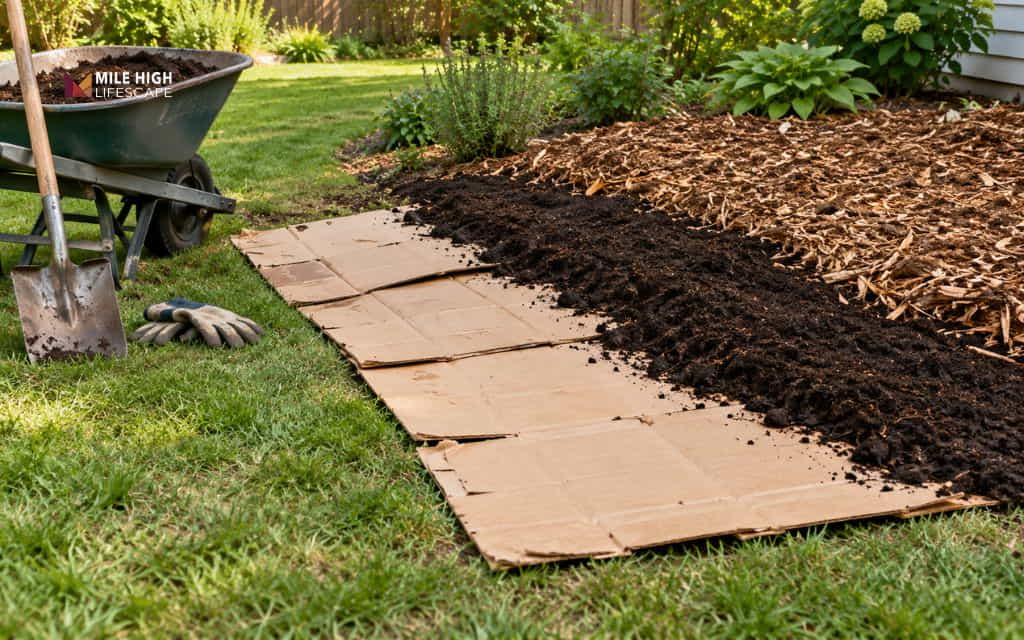 Sheet mulch layers on a lawn: cardboard sheets, a strip of compost, and wood chip mulch beside a wheelbarrow and shovel
