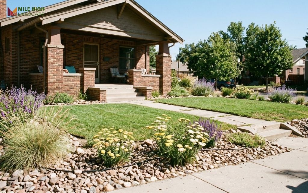 Denver front yard combining a small Kentucky bluegrass lawn with xeriscape borders of native plants and landscape rock