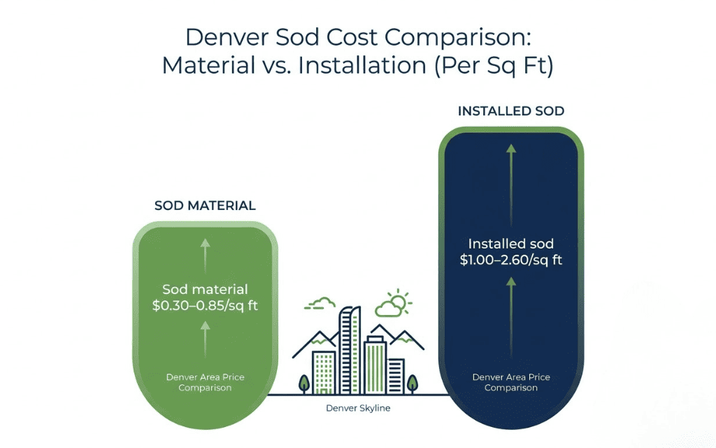 Infographic comparing sod material cost and installed sod cost per square foot in Denver