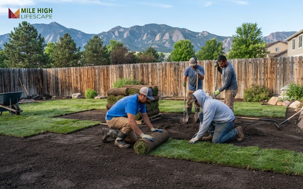 Landscaping crew laying fresh Kentucky bluegrass sod in a Denver backyard