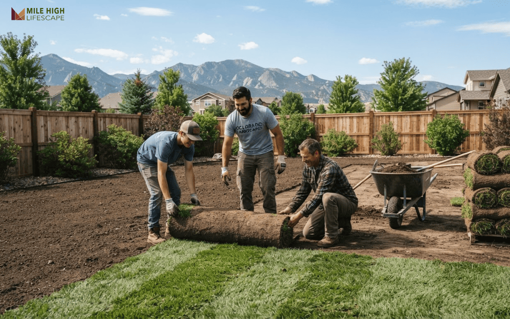 Landscaping crew laying fresh sod rolls in a staggered pattern in a Denver backyard