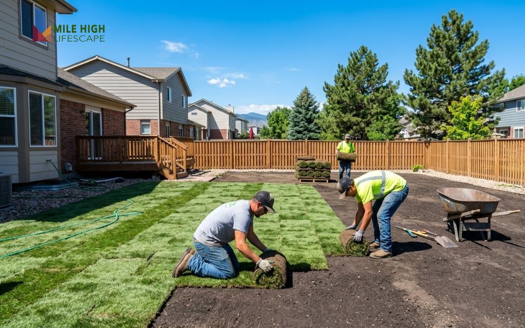 Mile High Lifescape crew laying staggered rolls of fresh sod in a Denver backyard