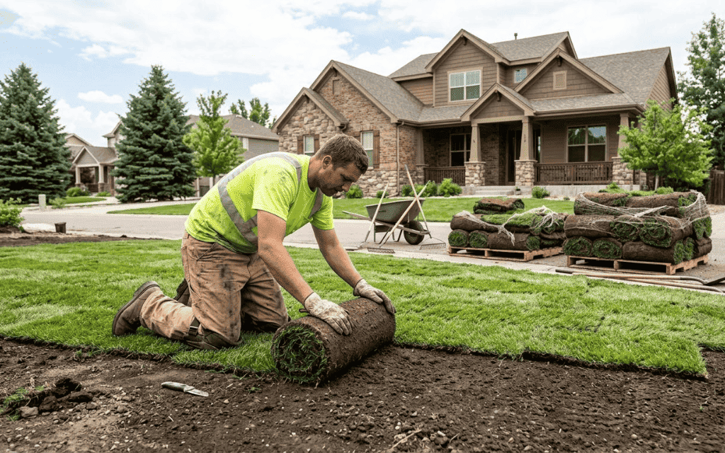 Mile High Lifescape crew laying fresh sod rolls in a staggered pattern in Denver