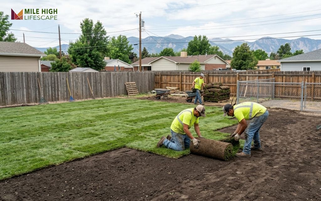 Crew laying fresh sod for a dog-friendly lawn in a Denver backyard