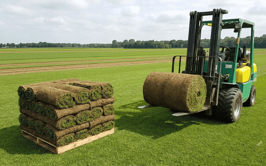 Stacked pallet of small sod rolls next to a forklift carrying a big roll of sod