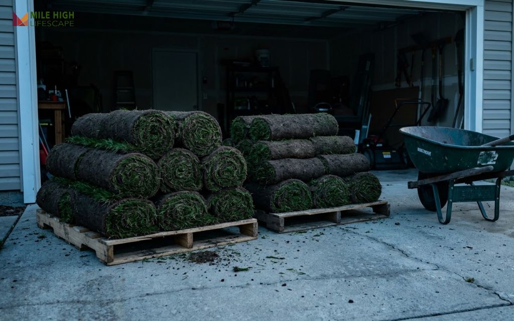 Fresh pallets of rolled sod stored in the shade of a garage on installation morning