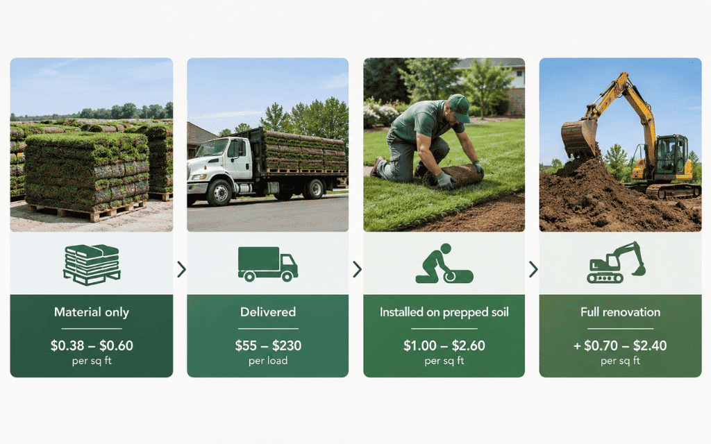 Four-step diagram of sod pricing levels from farm pickup to full lawn renovation